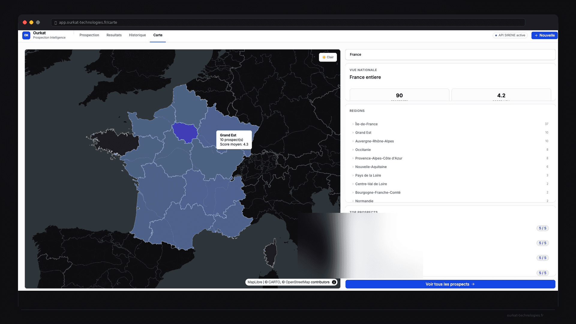 Carte de prospection interactive avec répartition géographique et pertinence par région