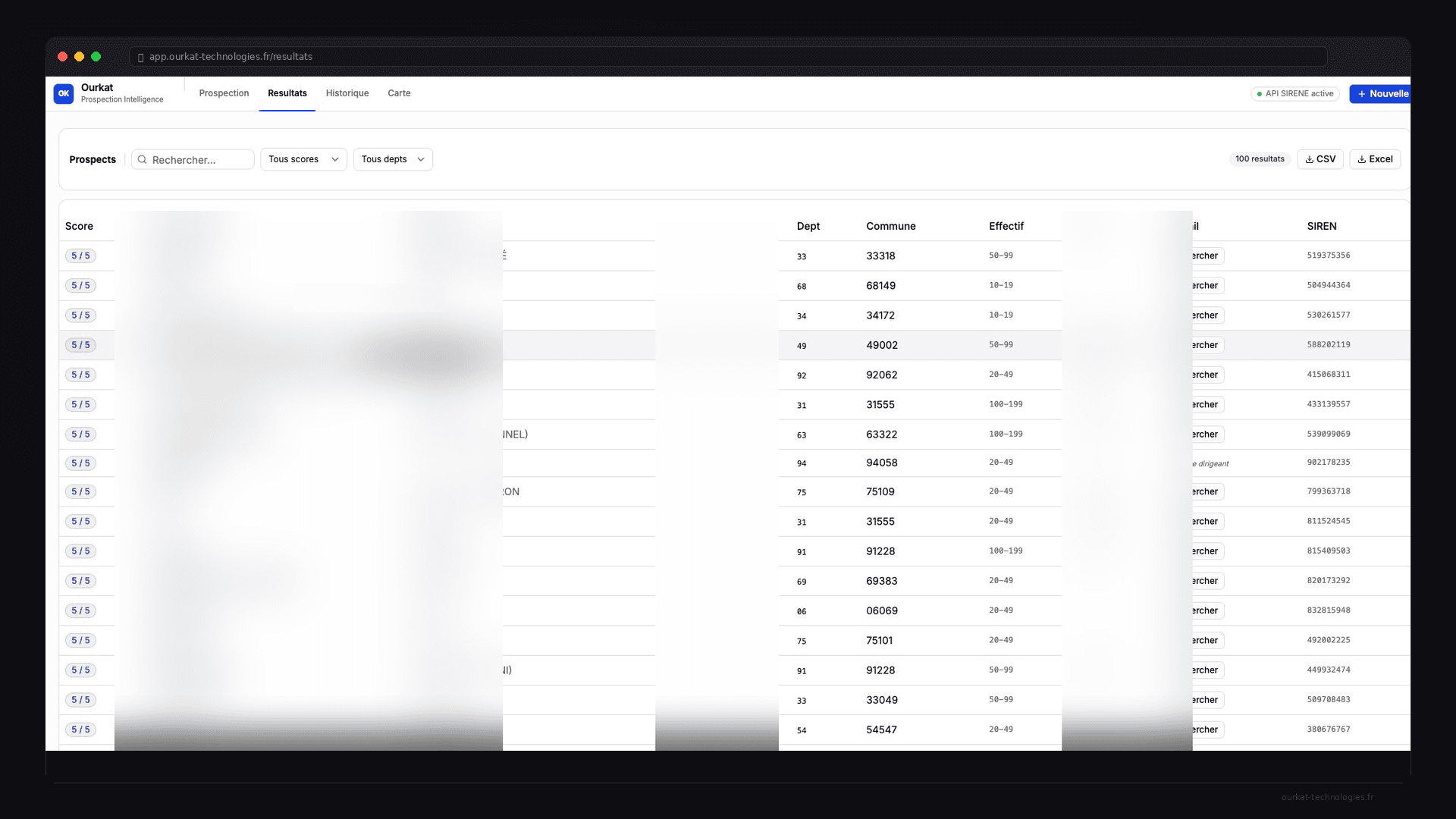 Tableau de résultats de prospection filtrés et exportables en tableur